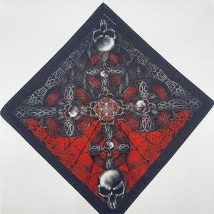 Embellished Gothic Skull Cross Bandana – Biker Babe Red Black Statement Wrap 🔥